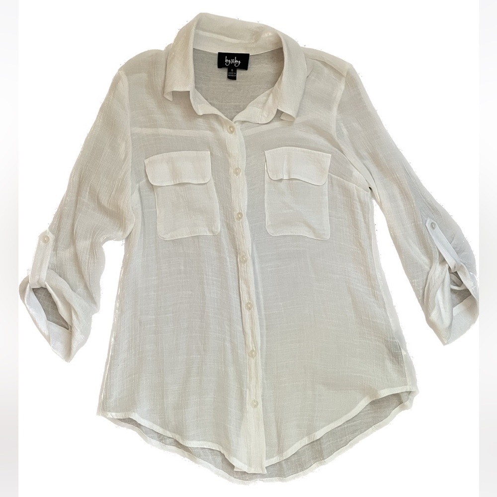 by & by White Linen Women’s Button Up Long Sleeve Shirt Size S Adjustable Sleeve